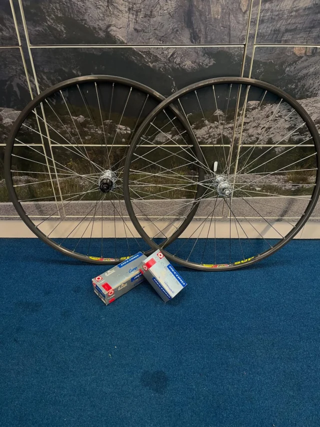 Just to remind you all....we don't just sell the nicest bikes around....we also do other stuff....servicing...repairs..and when we are asked, wheel building..these beauties have been a long time coming as the customer had been looking for a set of Mavic Open Pro rims in grey for around a year. The Campagnolo hubs were another hard to find item. Built using Sapim Race spokes and looking old skool cool....#lifecycleuk#independentbikeshop#mavicopenpro#mavic#sapim#bikemechanic#biketechnican#bikegeek#wheelbuilding#suffolk